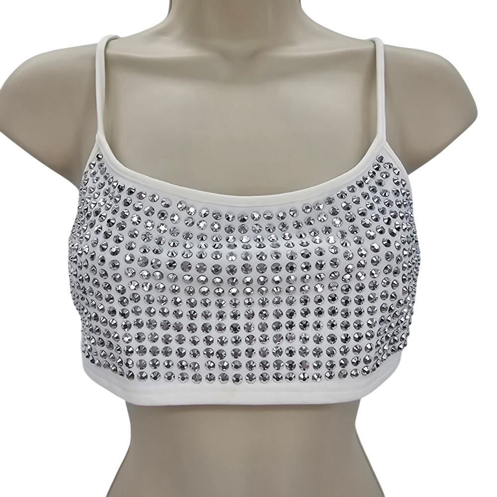 Hot & Delicious Womans size M Dazzling Rhinestone Crop Top Bralette White/Silver